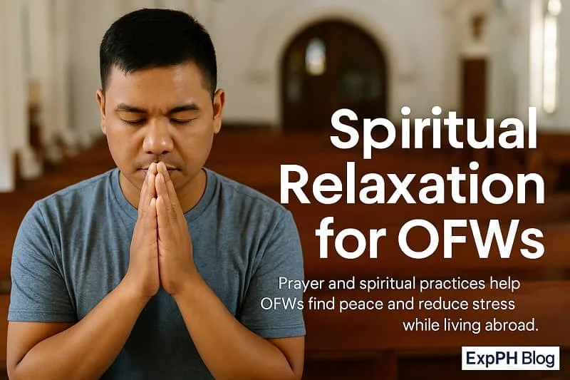 Filipino OFW praying inside a church, finding peace and spiritual comfort through faith and reflection while living abroad.