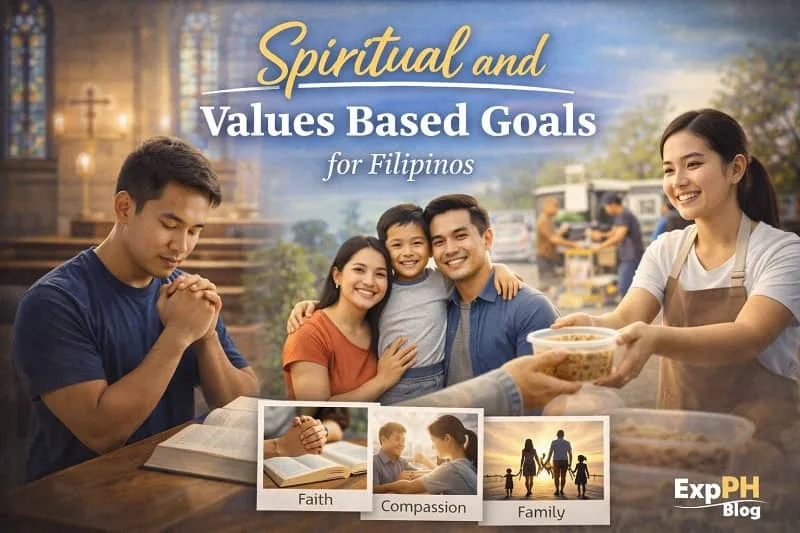 Filipino individuals practicing prayer, family bonding, and community service representing spiritual and values based goals, with ExpPH Blog logo in a realistic Filipino setting