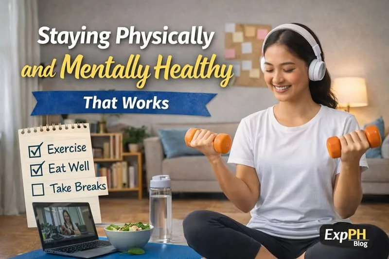 Filipino woman exercising at home with dumbbells, laptop, and healthy food, showing staying physically and mentally healthy with ExpPH Blog logo