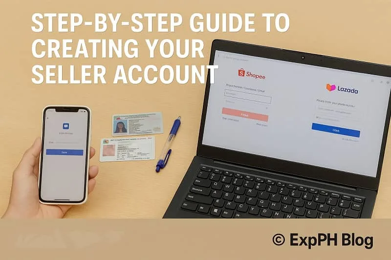 Realistic seller account setup image showing Shopee and Lazada registration process