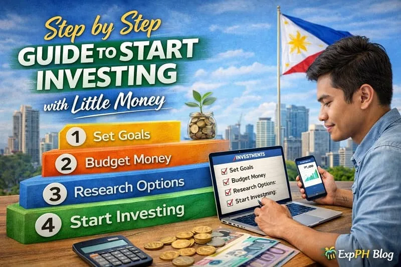 Filipino beginner following step by step investing guide using smartphone and laptop with coins, peso bills, checklist, and ExpPH Blog logo displayed