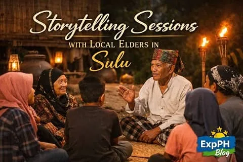 Storytelling Sessions with Sulu Elders sharing cultural stories with youth in a traditional Sulu community setting during an evening gathering