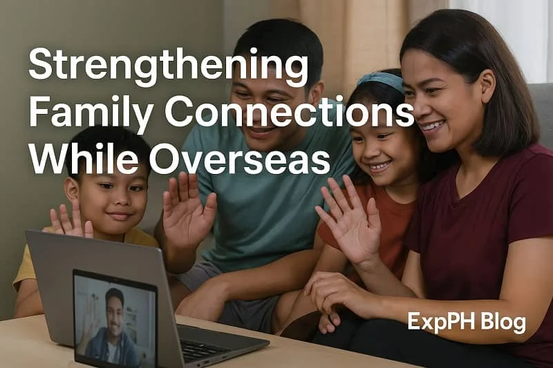 A realistic image of a Filipino family video calling a loved one abroad, symbolizing strong family bonding and communication while overseas.