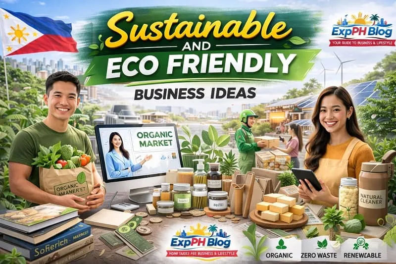 Filipino entrepreneurs promoting sustainable and eco friendly business ideas with organic products, refillable containers, and renewable energy elements, featuring ExpPH Blog logo.