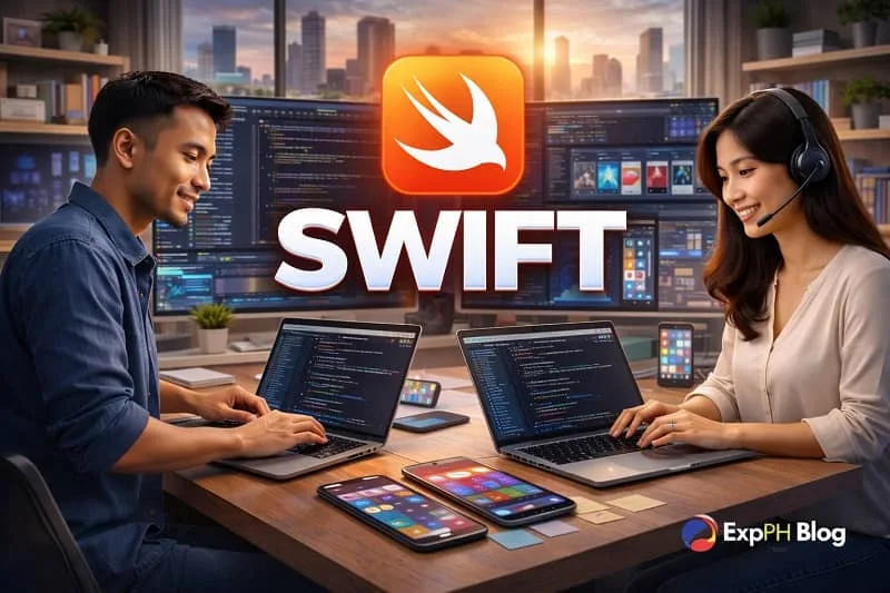 Filipino developers coding Swift on laptops in a modern workspace, showing iOS app development, Apple devices, and global tech career opportunities with the ExpPH Blog logo.