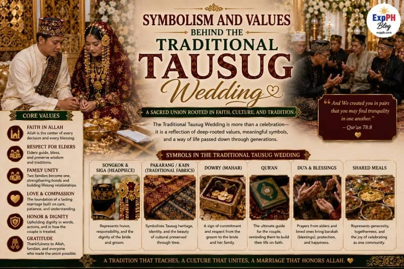 Realistic Traditional Tausug wedding scene featuring Filipino Muslim families, symbolic rituals, cultural attire, Islamic traditions, and ExpPH Blog logo.