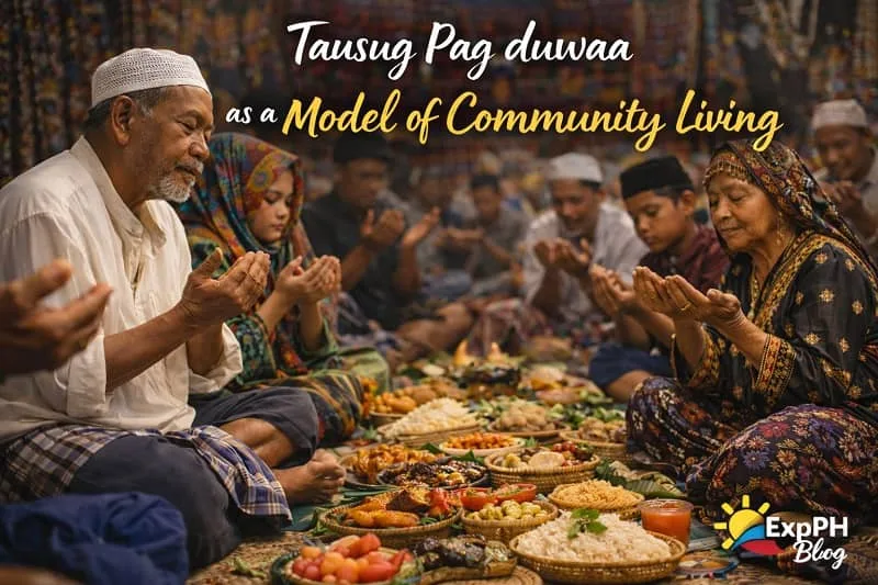 Tausug community members praying and sharing food during Pag duwaa, showing unity, cooperation, and community living in a Filipino Muslim setting with ExpPH Blog logo.