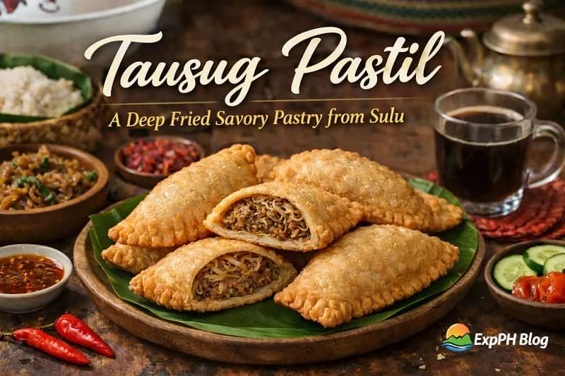 Half moon shaped Tausug Pastil deep fried pastry from Sulu filled with meat and pansit served on a plate