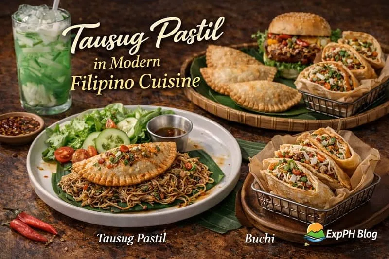 Modern Filipino dishes featuring half moon shaped Tausug Pastil served with pansit, salads, burgers, and contemporary plating