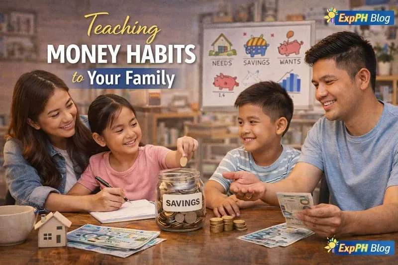Teaching money habits to your family showing a Filipino family saving together with children learning budgeting and savings with ExpPH Blog logo