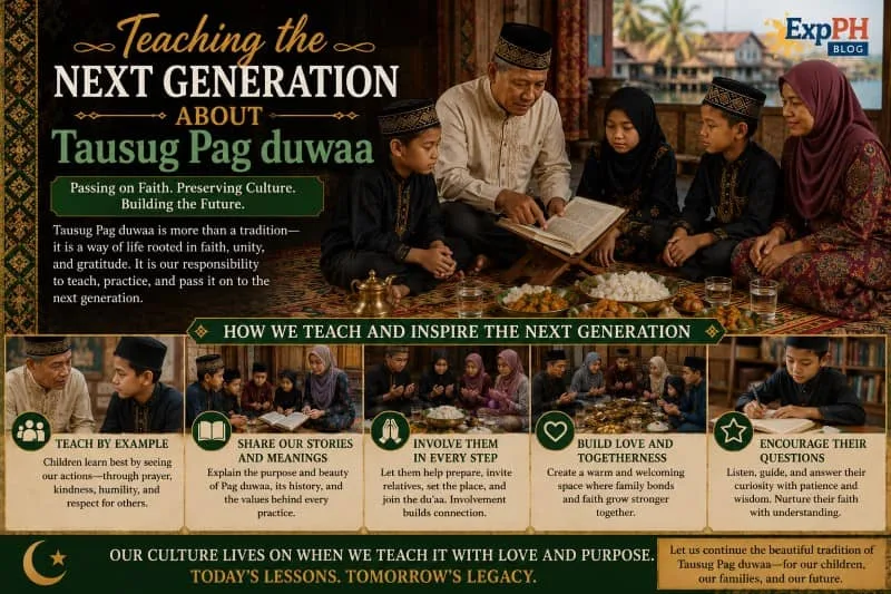 Realistic image of Tausug elders teaching children about prayer, shared meals, and cultural traditions during a Tausug Pag duwaa gathering with the ExpPH Blog logo.