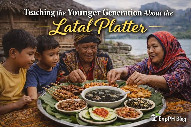 Tausug elders teaching children about the latal platter through a shared communal meal with tiyula itum and traditional dishes on banana leaves in Sulu