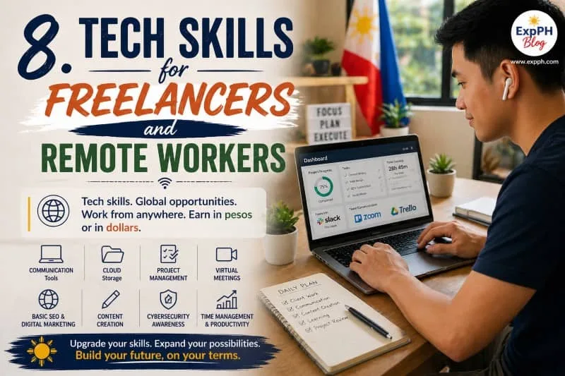 Filipino freelancer working remotely on a laptop with multiple digital tools, showcasing tech skills for remote work, with ExpPH Blog logo