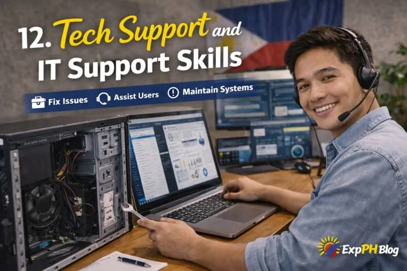 Filipino IT support specialist fixing computer hardware while using laptop with system tools