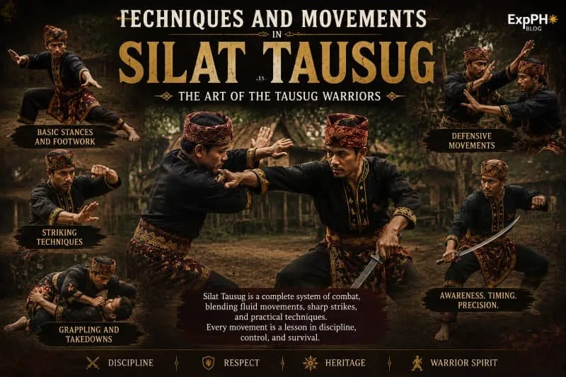 Realistic image of Filipino Tausug martial artists demonstrating Silat Tausug techniques including stances, strikes, grappling, and defensive movements with the ExpPH Blog logo.