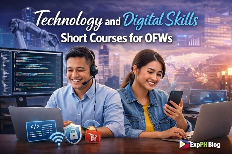 Filipino OFWs learning technology and digital skills online using laptops and mobile devices, representing technology and digital skills short courses for OFWs, with ExpPH Blog logo.