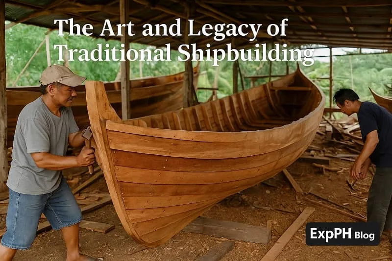 Two craftsmen building a traditional wooden boat inside an open air workshop with tools, wooden frames, and the ExpPH Blog logo.