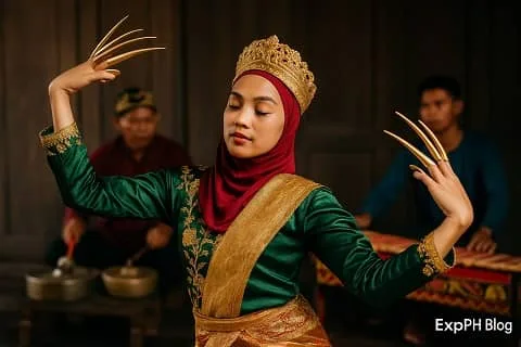 A Tausug dancer performing the Pangalay Dance with janggay while visitors watch in a traditional setting.