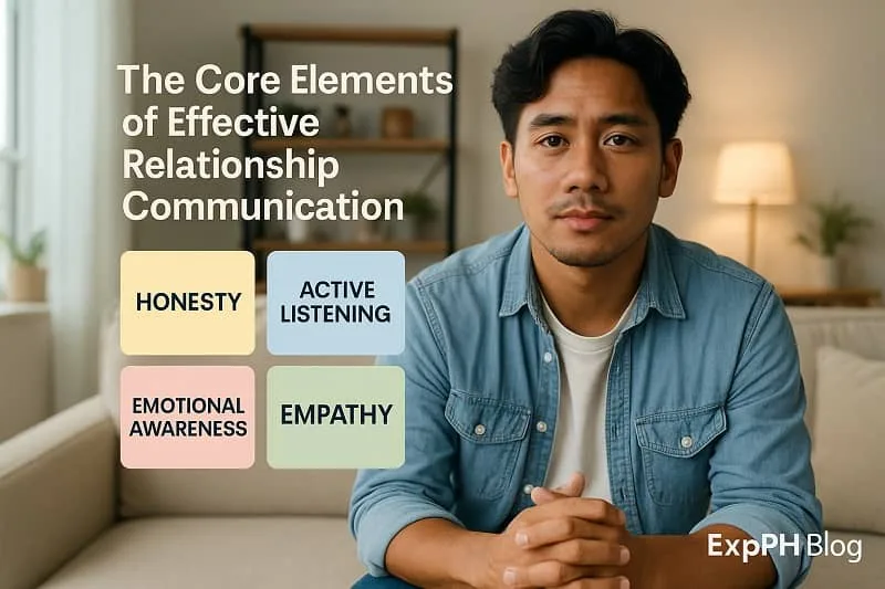 Filipino man sitting in a living room with communication elements displayed, representing the core elements of effective relationship communication.