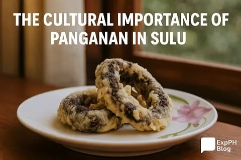 Traditional Tausug Panganan deep fried sweet snack served on a plate, representing Sulu food culture and heritage with ExpPH Blog logo.