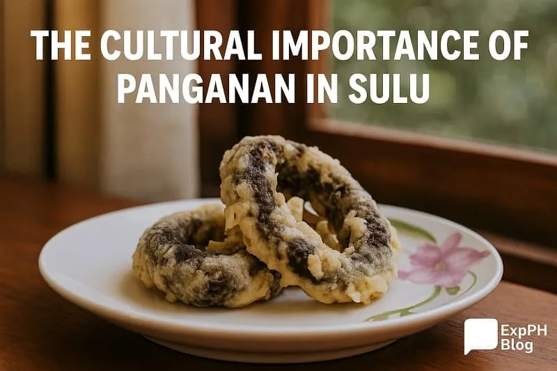 Traditional Tausug Panganan deep fried sweet snack served on a plate, representing Sulu food culture and heritage with ExpPH Blog logo.