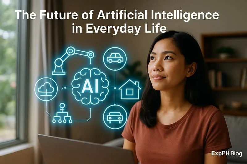 Realistic image of a Filipino woman at home looking at glowing AI icons, representing the future of artificial intelligence in everyday life through smart homes, transportation, and digital technology.