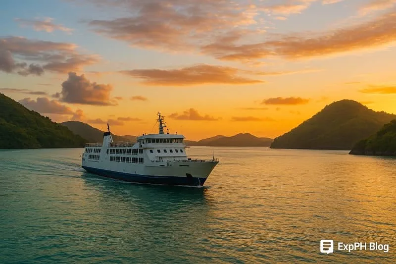 A modern ferry sailing through turquoise waters at sunset between lush islands, symbolizing the future of maritime history in Masbate and Romblon, with the ExpPH Blog logo.