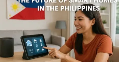 Filipino woman using a smart home control device in a modern living room with the ExpPH Blog logo.