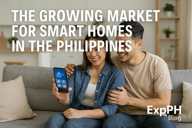 Filipino couple exploring smart home features on a smartphone in a modern living room with the ExpPH Blog logo.