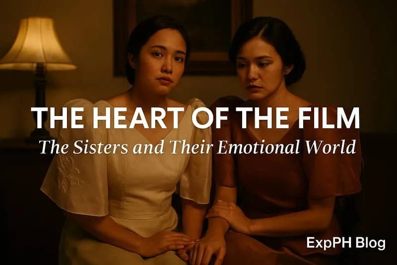 Two Filipina sisters in traditional Pre War Manila clothing sitting together in a realistic emotional scene for the ExpPH Blog feature