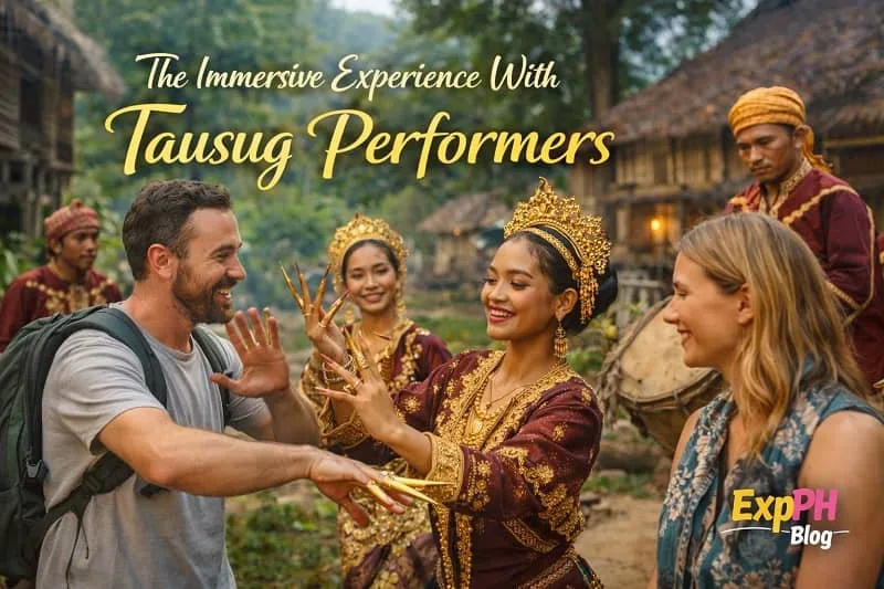 Visitors learning Pangalay movements from Tausug performers in traditional attire in Sulu village setting with musicians and ExpPH Blog logo.