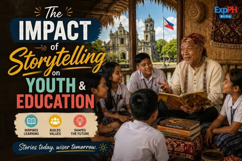 A realistic image of Filipino students listening to a traditional storyteller inside a bamboo hut while learning cultural values and life lessons, featuring the ExpPH Blog logo.