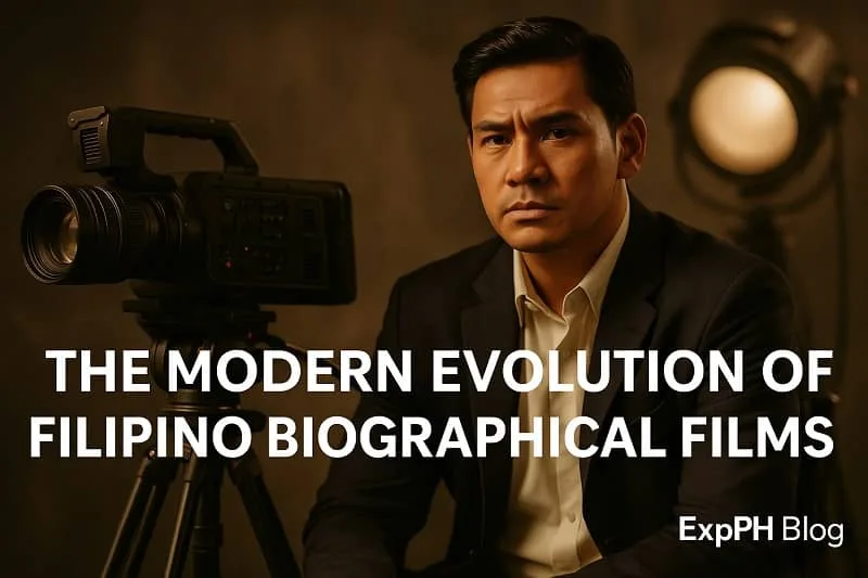 A realistic cinematic portrait of a Filipino actor beside a professional film camera, symbolizing the modern evolution of Filipino biographical films, with the ExpPH Blog logo included.