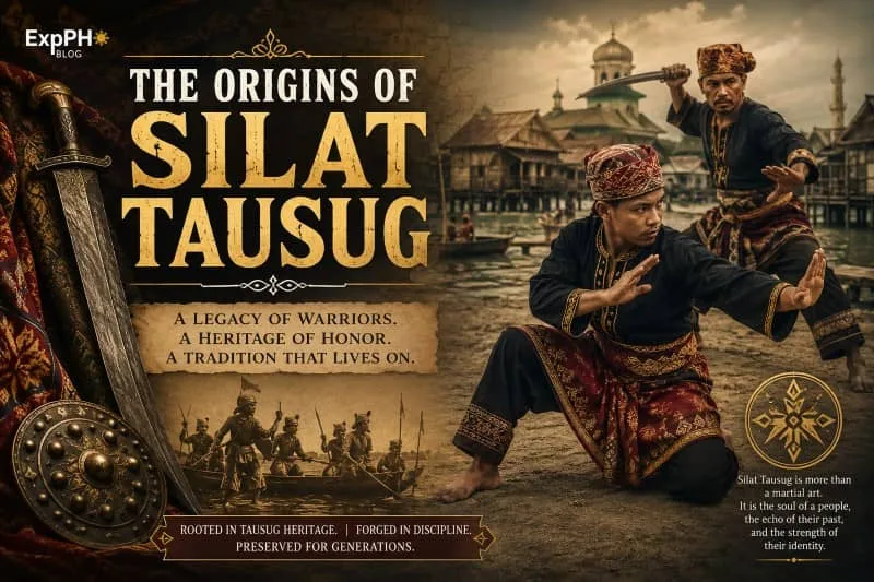 Realistic image of Tausug martial artists practicing Silat Tausug in traditional attire with barong weapons in a historic Sulu village background featuring the ExpPH Blog logo.