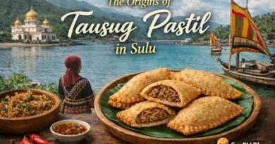 Half moon shaped Tausug Pastil from Sulu displayed with traditional coastal background showing Filipino heritage and local food culture