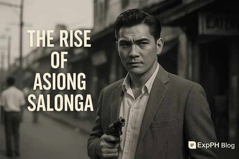 Realistic vintage style image showing Asiong Salonga in a tense street scene with the ExpPH Blog logo.
