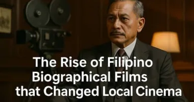 A realistic image of a Filipino actor in a formal suit sitting beside an old film camera, representing the theme of Filipino biographical films that transformed local cinema, with the ExpPH Blog logo displayed.