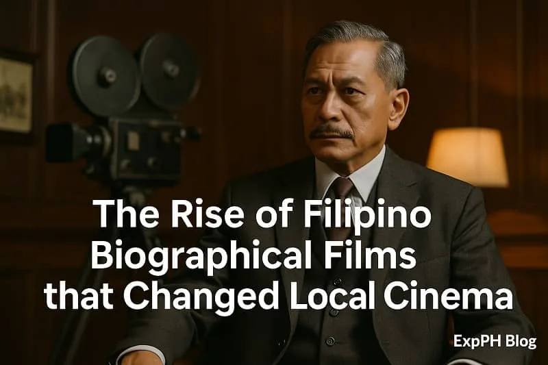 A realistic image of a Filipino actor in a formal suit sitting beside an old film camera, representing the theme of Filipino biographical films that transformed local cinema, with the ExpPH Blog logo displayed.