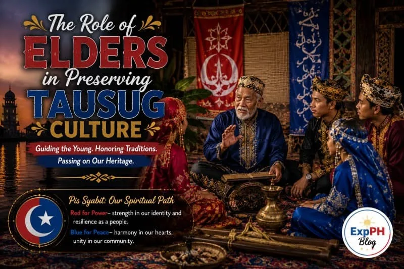 A realistic Filipino-inspired scene showing Tausug elders teaching younger generations through storytelling and cultural traditions with the ExpPH Blog logo and mixed-font typography.
