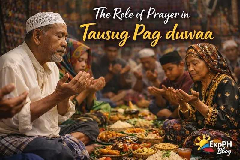 Tausug families gathered in prayer during Pag duwaa, showing devotion, unity, and faith as part of a Filipino Muslim communal tradition with ExpPH Blog logo.