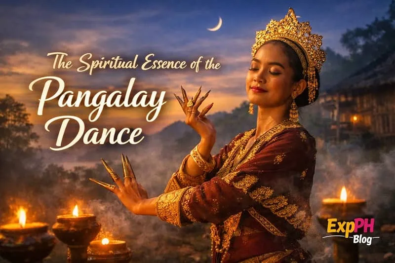 Filipina Tausug dancer performing Pangalay Dance at sunset with janggay finger extensions, candlelight, and traditional attire in Sulu, featuring ExpPH Blog logo.