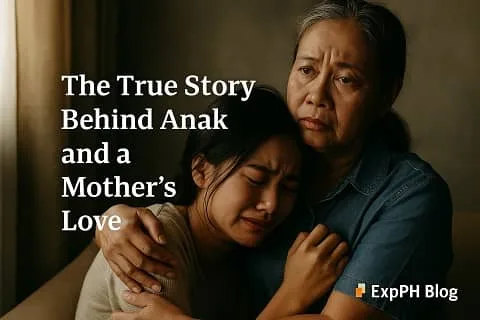 Realistic emotional scene of a Filipino mother comforting her daughter, symbolizing the true story behind Anak and a mother’s love, with ExpPH Blog logo included.
