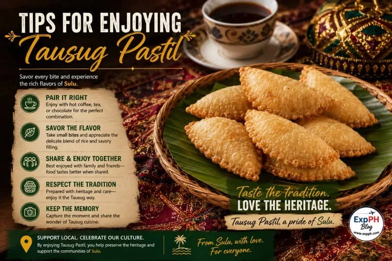Traditional Tausug pastil arranged on banana leaves inside a woven basket, accompanied by a cup of coffee and colorful Tausug textiles, featuring tips for enjoying this beloved Filipino delicacy and the ExpPH Blog logo.