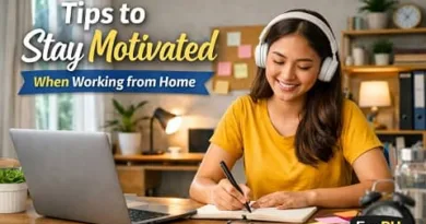 Filipino woman working from home at a desk with laptop and notebook, showing tips to stay motivated when working from home with ExpPH Blog logo