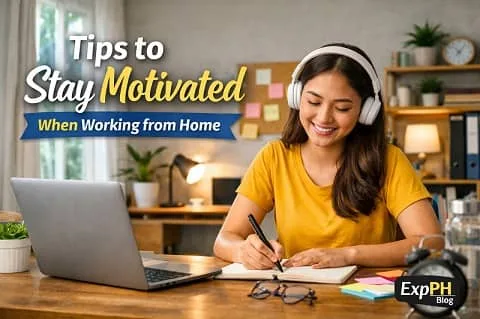 Filipino woman working from home at a desk with laptop and notebook, showing tips to stay motivated when working from home with ExpPH Blog logo