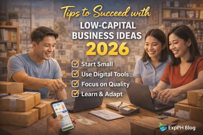 Tips to succeed with low capital business ideas 2026 showing Filipino entrepreneurs planning, working online, managing small packages, and using digital tools to grow businesses.
