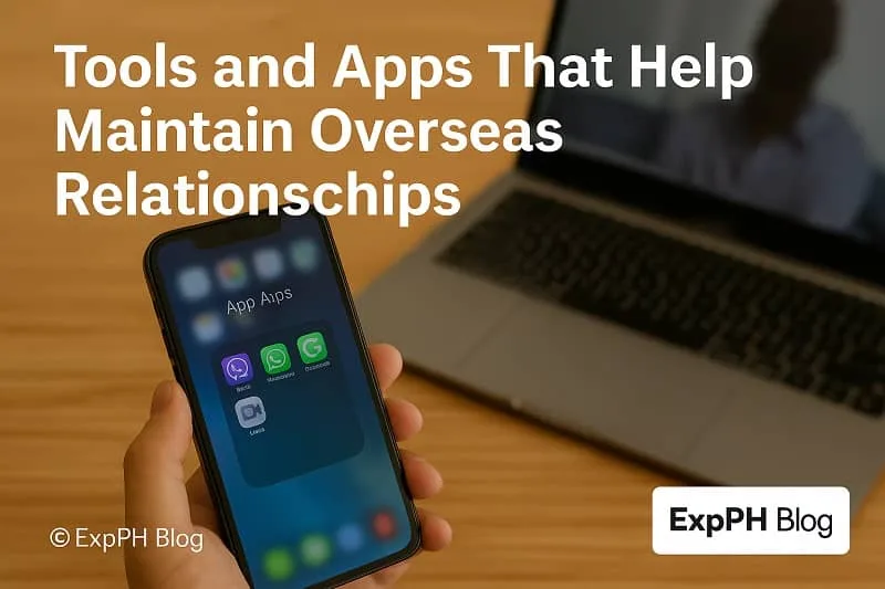 A realistic image showing a smartphone with communication apps and a laptop in the background, symbolizing digital tools used to maintain overseas relationships.