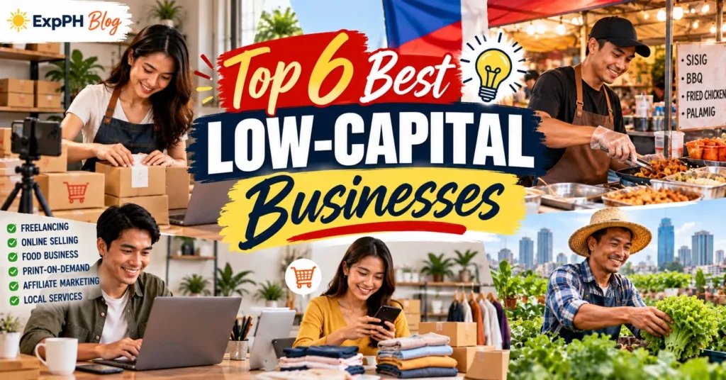 Top six low-capital business ideas in the Philippines, featuring Filipino entrepreneurs in online selling, freelancing, food vending, clothing, and urban farming, with ExpPH Blog branding.