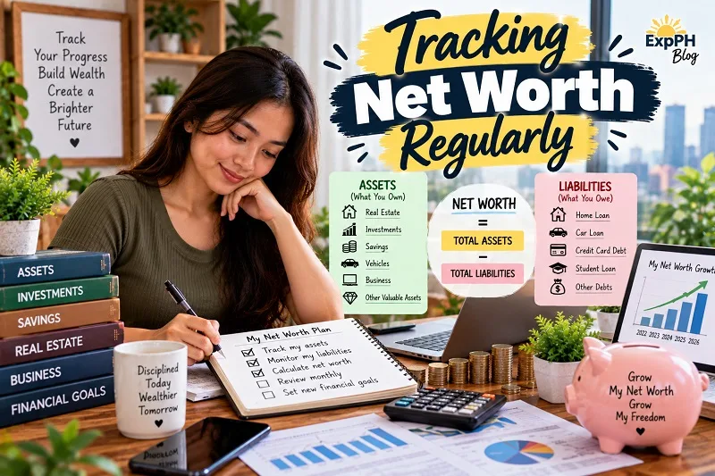 Filipina woman tracking her net worth at a desk with a laptop, calculator, financial notebook, stacked coins, and a piggy bank, alongside infographic panels explaining assets, liabilities, and net worth.