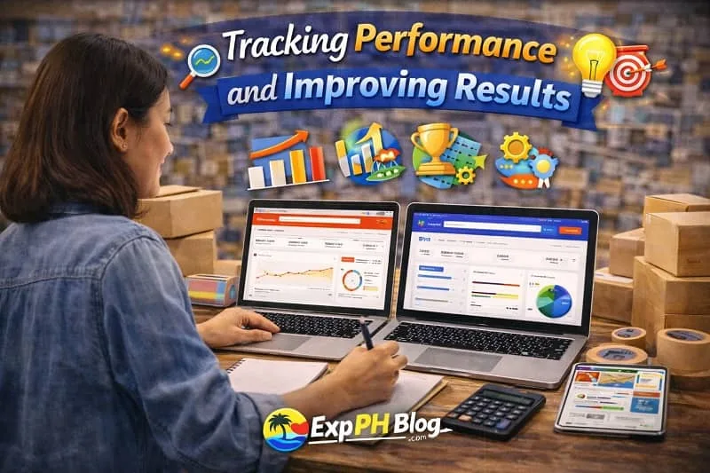 Filipino online seller analyzing sales data on laptop with Shopee and Lazada dashboards, charts, and calculator with ExpPH Blog logo